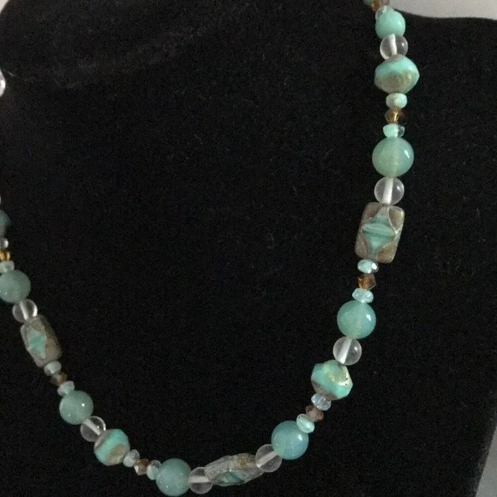 Vintage Handmade Teal Amazonite Rock Crystal Beads Swarovski Sterling Necklace